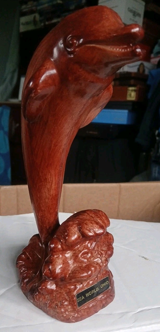 Vtg Faux Wood Finish Plastic Souvenir Dolphin Figure 7.5" Sea World,  Ohio