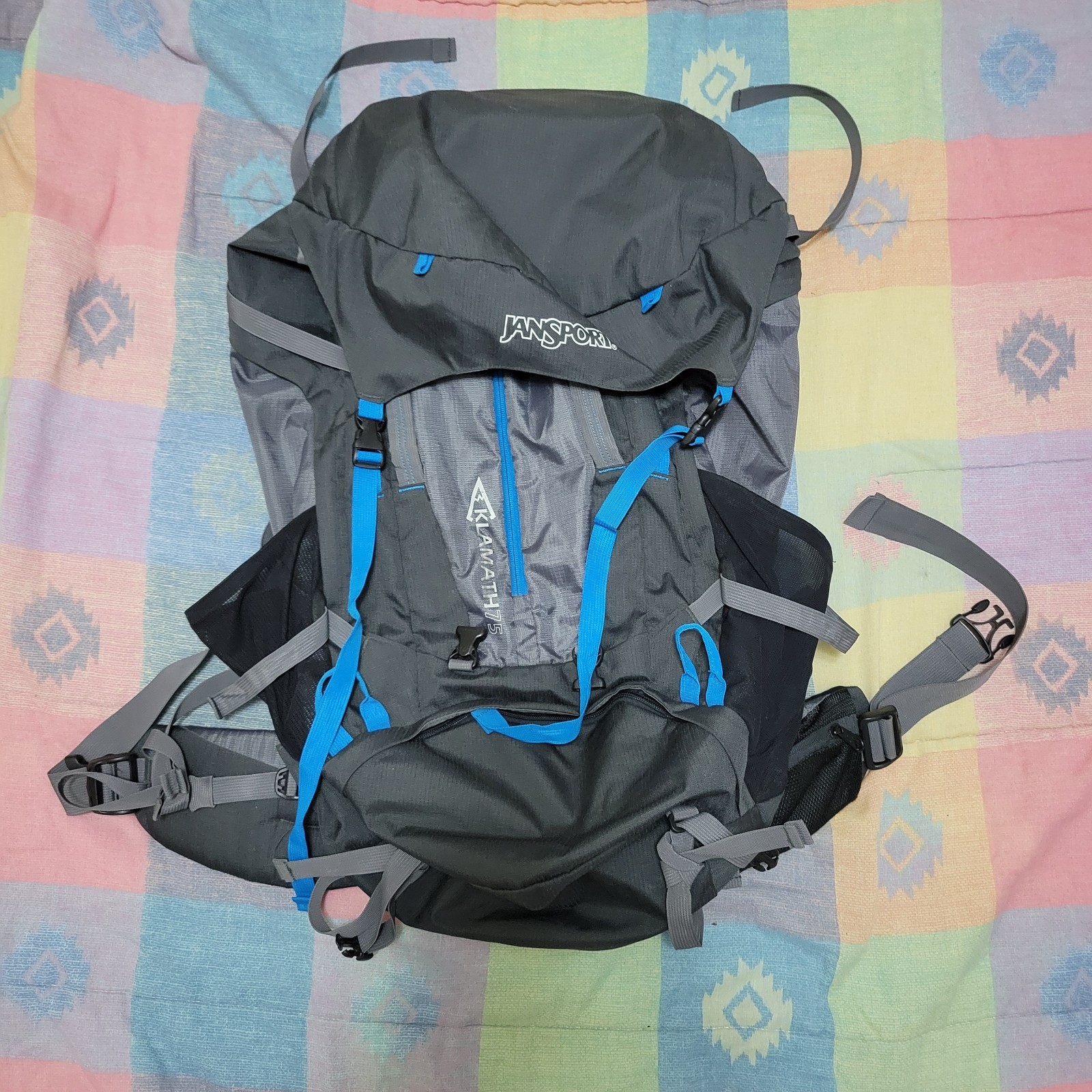 Jansport Backpacking Backpack Klamath 75L Tall Hiking Camping Grey Blue