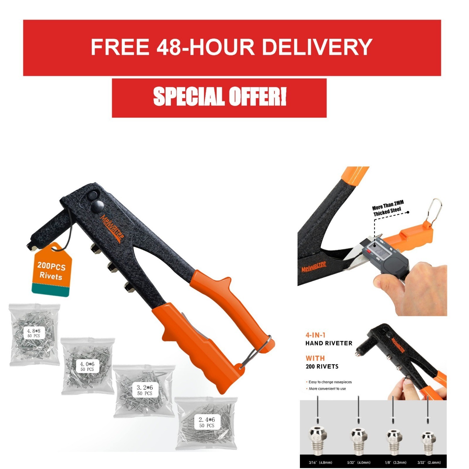 Meiwaltee Hand Riveter Kit with 200 Rivets, Heavy Duty for DIY Projects