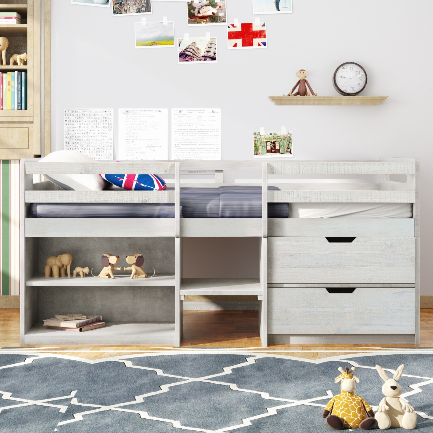Twin Size Loft Bed Frame Wood Bed Frame w/ Drawer & Shelves White/Gray/Espresso