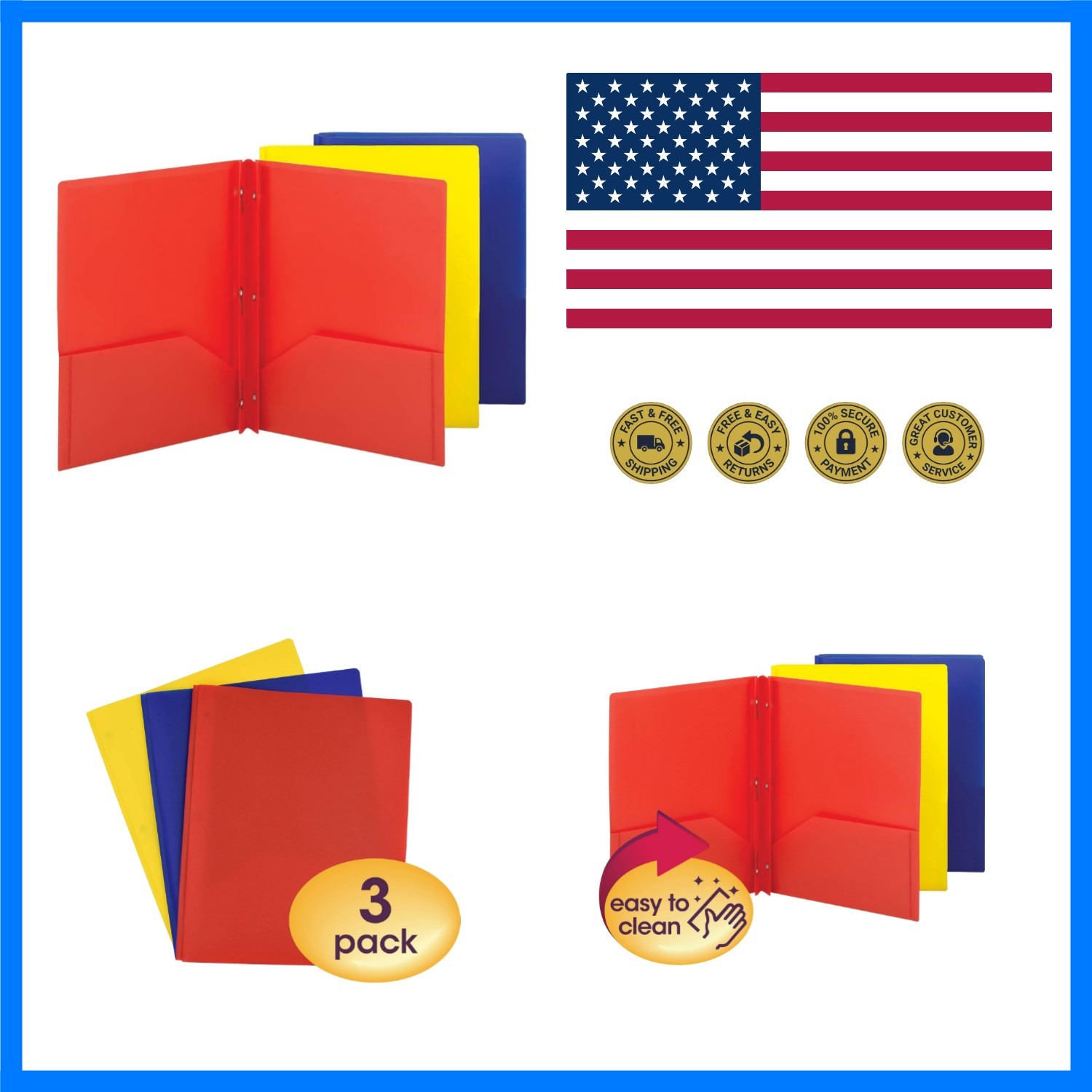 Poly Two-Pocket Folder, Three-Hole Punch Prong Fasteners, Letter Size, Assort...