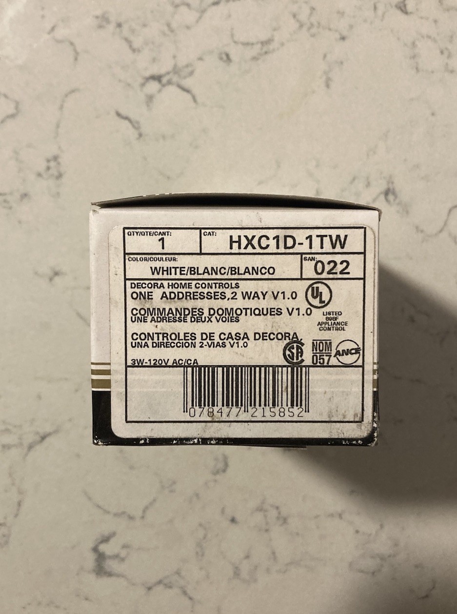 Leviton HXC1D-1TW Wall Mount Decora Single Address, 2 Way, Control White 3w-120v