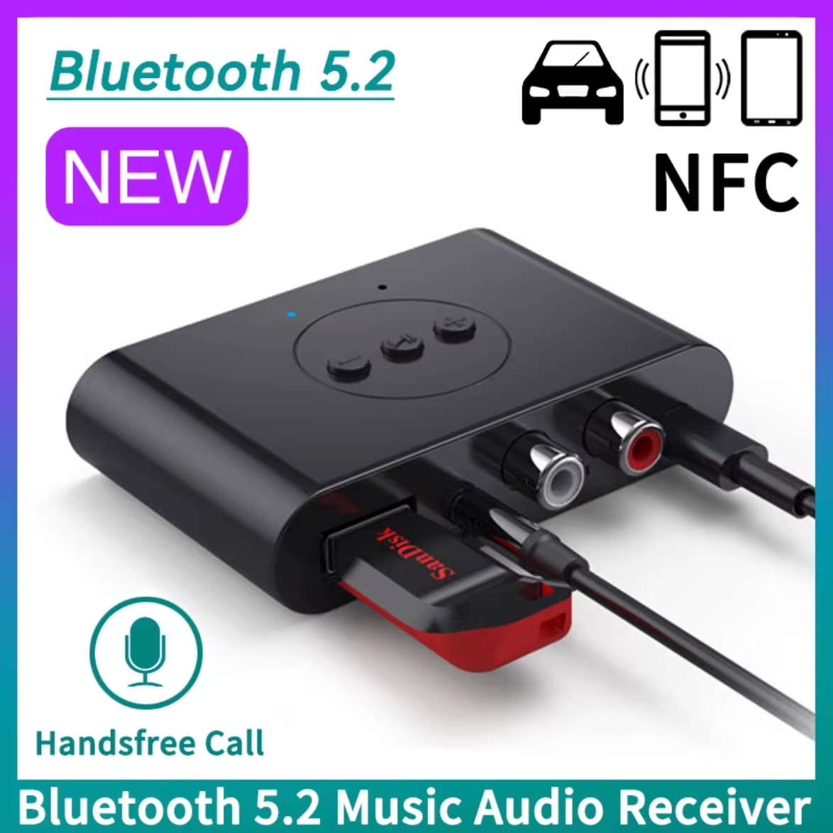 Bluetooth 5.2 Audio Receiver NFC U Disk RCA 3.5mm AUX USB Stereo Music Wireless