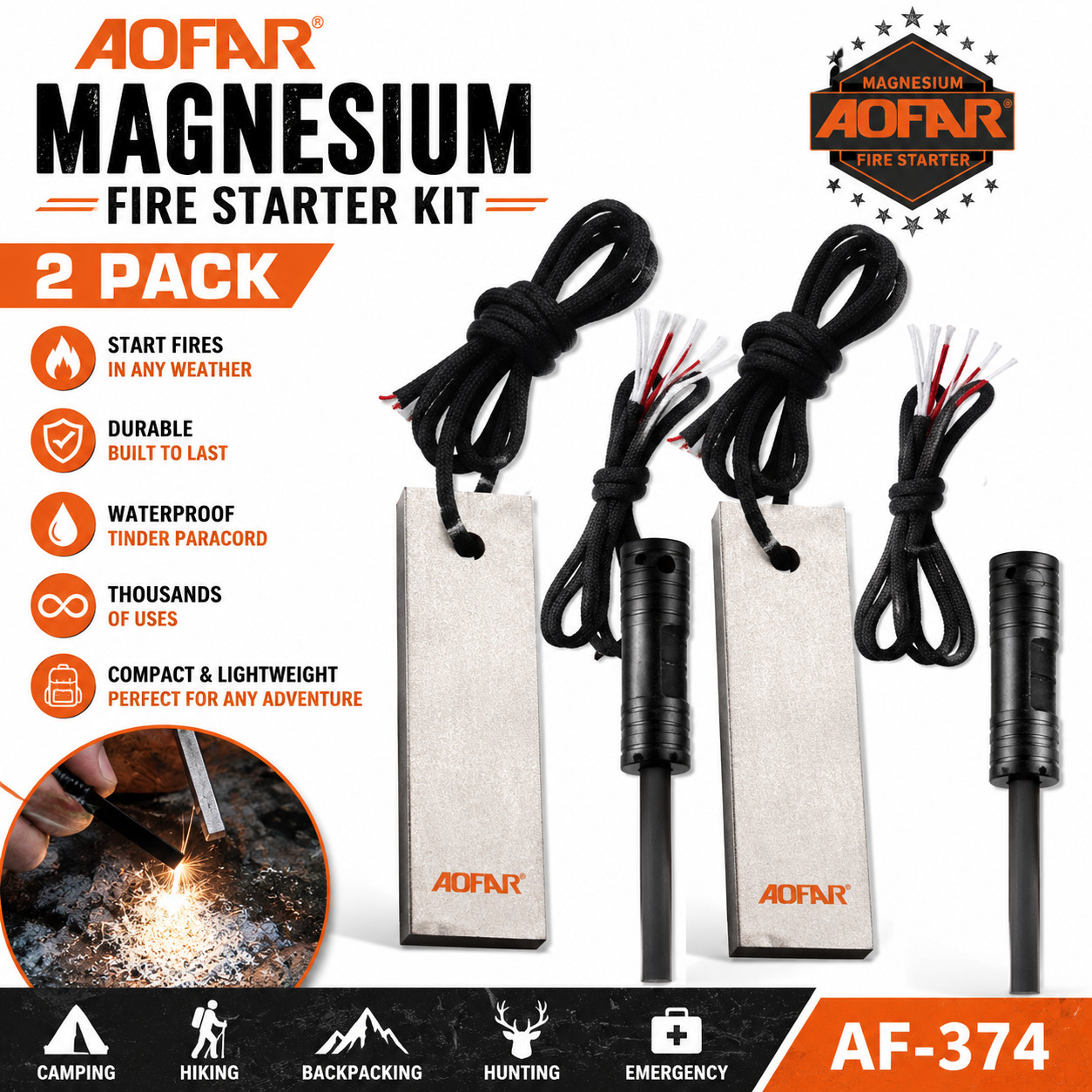 AF-374 Magnesium Fire Starter Survival Kit 2 Pack Ferro Rod Striker New