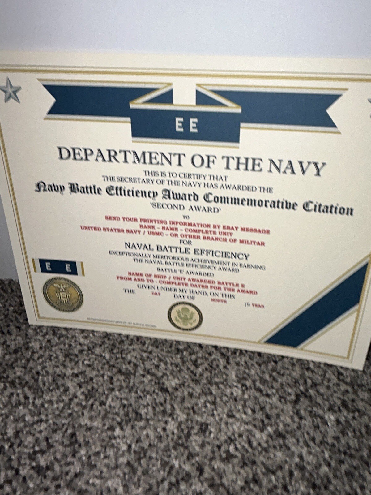 NAVY BATTLE E CITATION~2ND AWARD COMMEMORATIVE CERTIFICATE ~ TYPE-2 / W/PRINTING