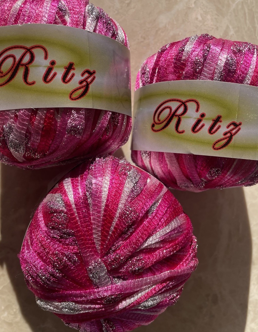 Lot of 3, Euro Yarns RITZ, 86%Nylon/14%Polyester, 50gm/143yd, Color 04,w Metalic