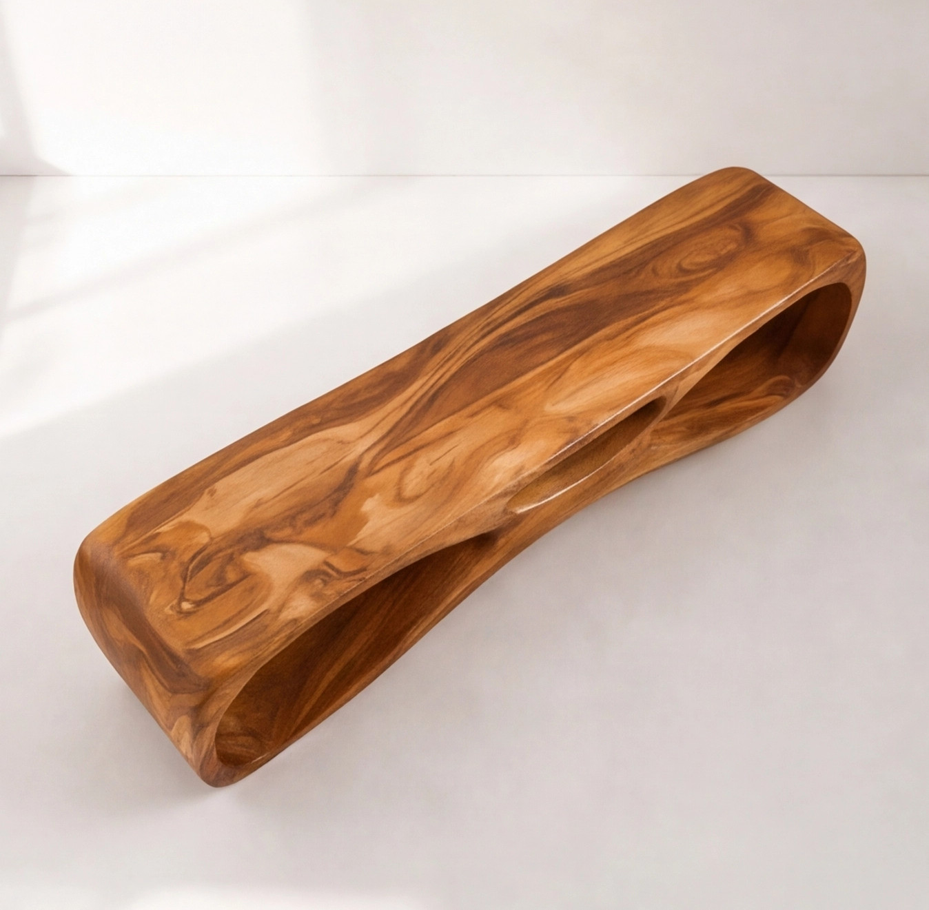 Tri-Cutout Bench Modern Sculptural Entryway Seating Stand Genuine Solid Wood