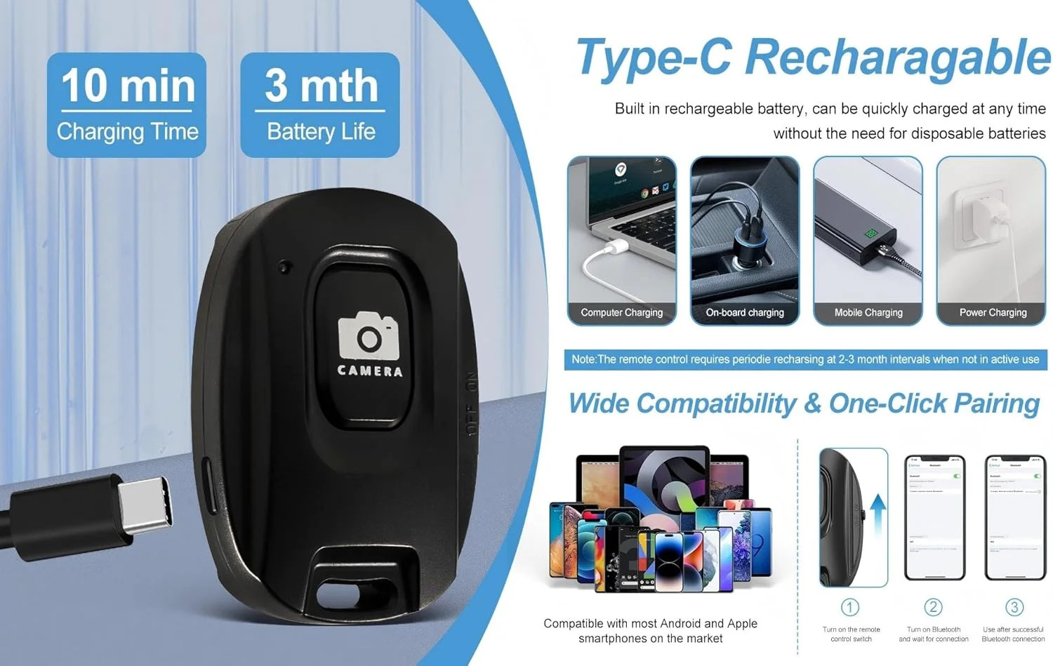 New Bluetooth Camera Remote Shutter for iPhone and Android Smartphones,Rechargea