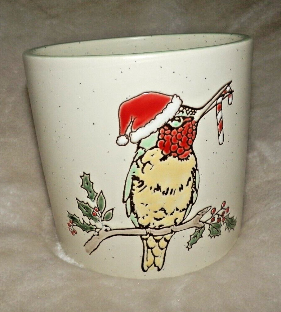 NEW Christmas Santa HUMMINGBIRD PLANT POT 4" Holly & Berries Under The Sun