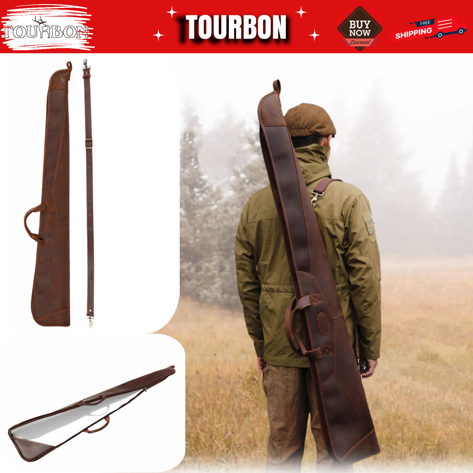 TOURBON Leather Shotgun Case Gun Slip Zippered Cover Bag Soft Padded Hunting