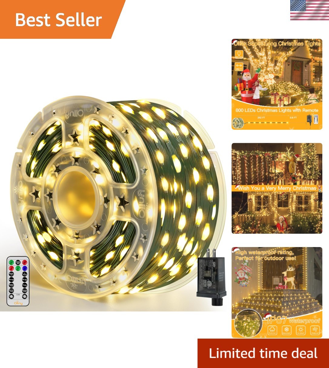 Durable 262FT Warm White LED Christmas Lights with Remote & 4 Brightness Levels