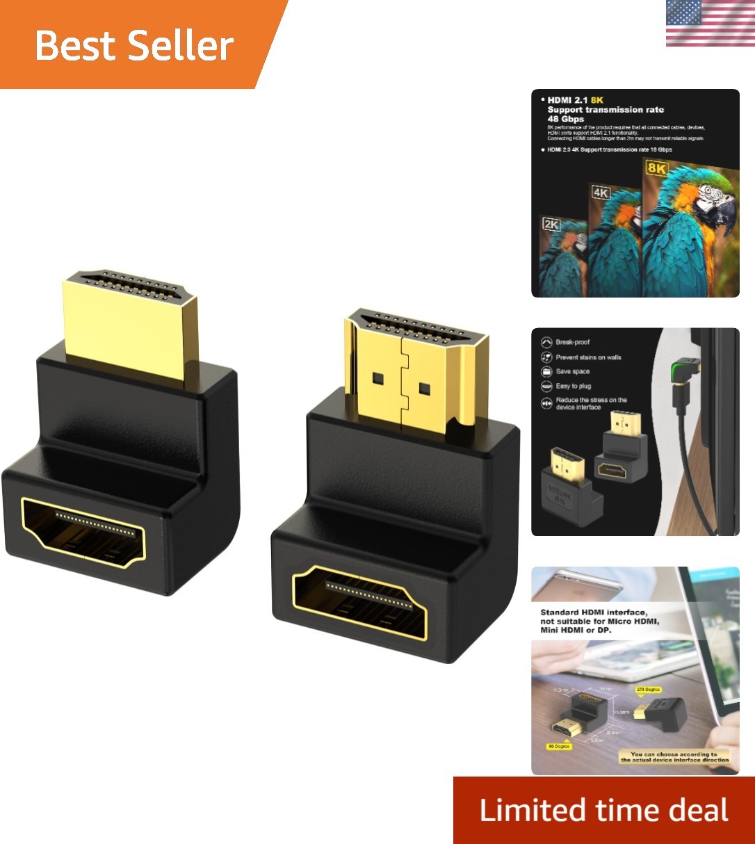 8K HDMI Male to Female Cable Adapters - Space-Saving Angles, 2-Pack