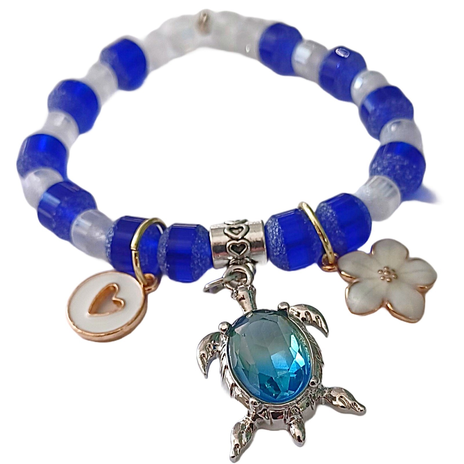 Blue and Clear Beaded Bracelet and Turtle Charm