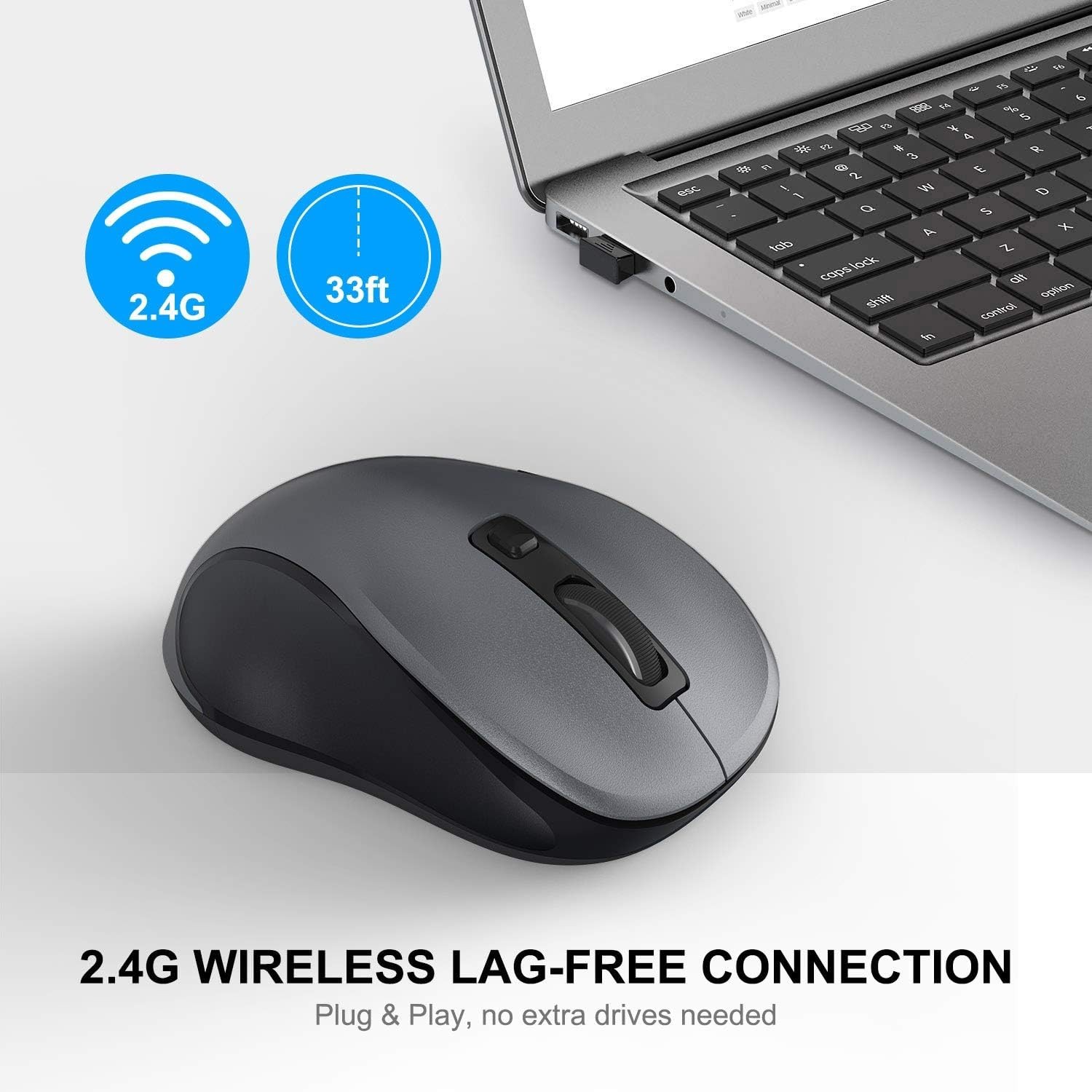 Lightweight Grey Wireless Computer Mouse for Laptops - 3 Adjustable Levels