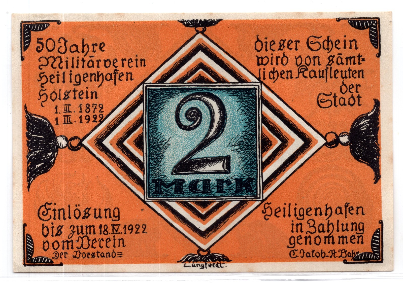 1922 Germany Heiligenhafen Notgeld 2 Mark Note (3983)