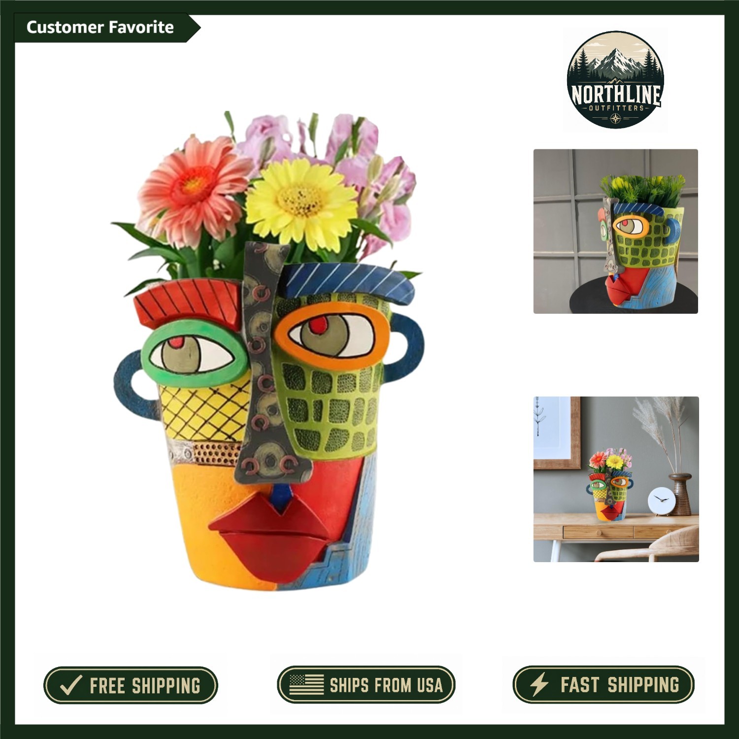 Contemporary 7.3'' Picasso Flower Pot - Colorful Abstract Resin Head for Gifts