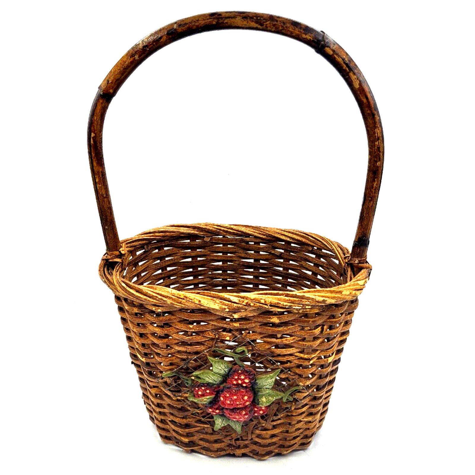 Vintage Farmhouse Basket with Strawberries Bamboo Handle 17x6"