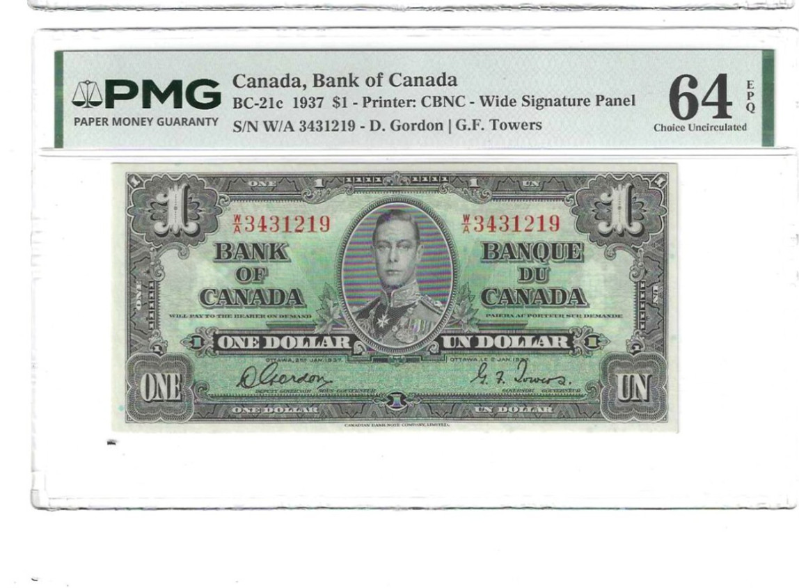 1937 $1 Bank of Canada Note Gordon-Towers BC-21c - PMG Unc 64 EPQ