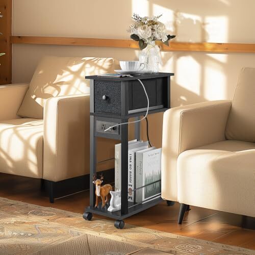 Side Table with Charging Station and Drawer, Narrow End Table with USB 1 Black
