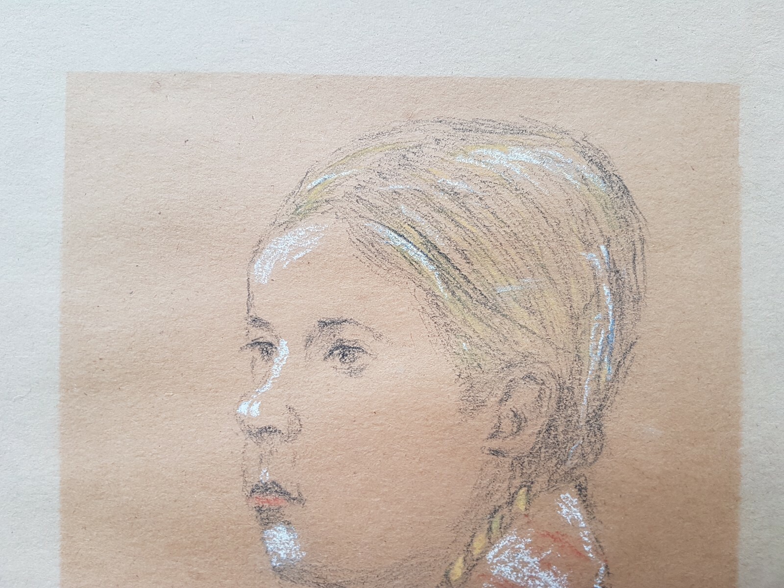 YOUNG GIRL CHARCOAL AND CHALK NICE VINTAGE DRAWING MONOGRAMMED FF (???) DATED 76