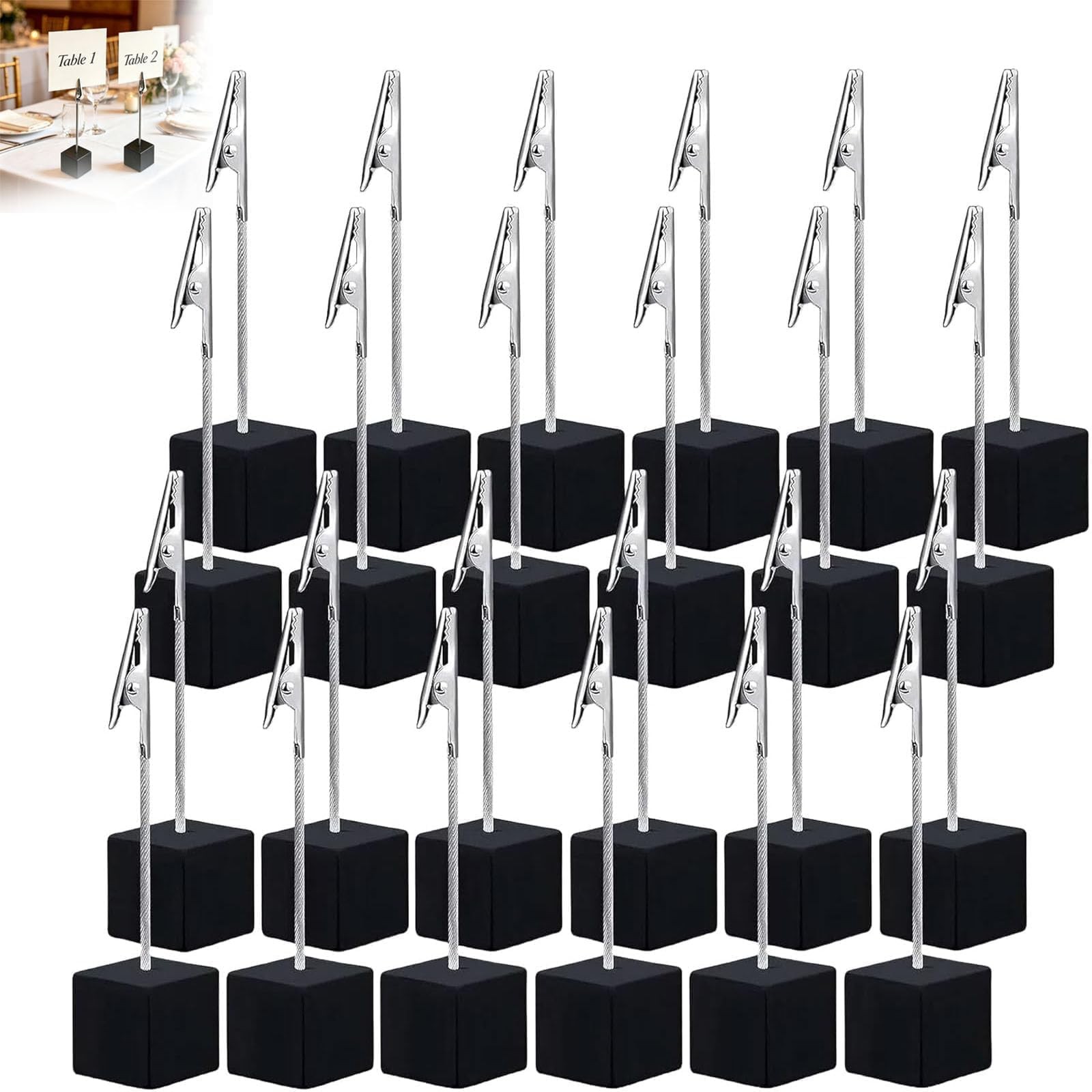 24 Pcs Wooden Cube Memo Holders with Alligator Clips, Table Number Black