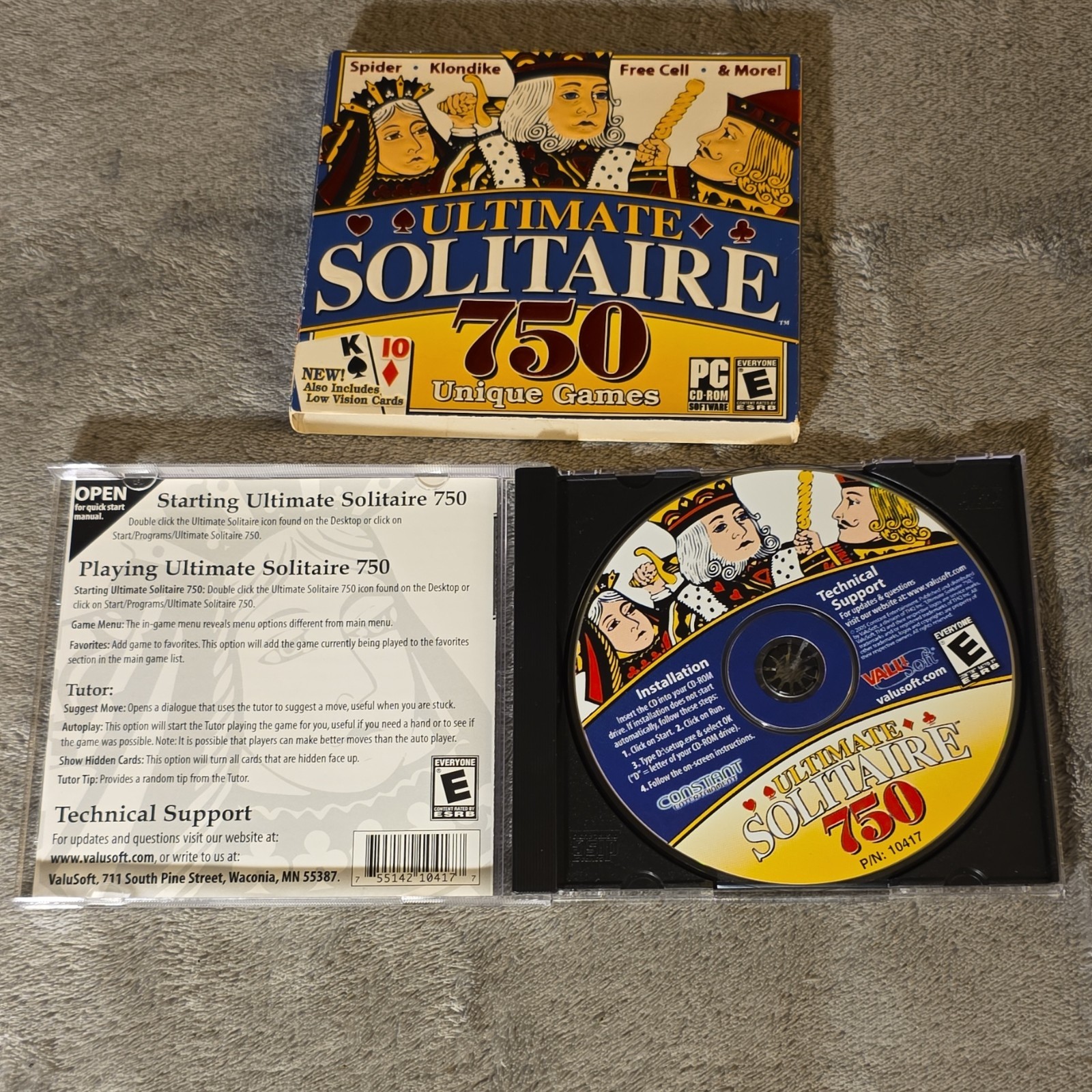 ValuSoft Ultimate Solitaire 750 PC CD-ROM Card Game Windows 98/Me/XP