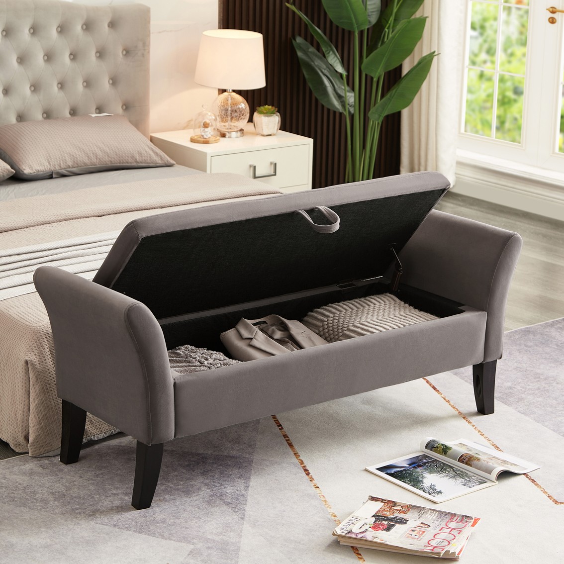 51.5" Bed Bench with Storage Grey Velvet