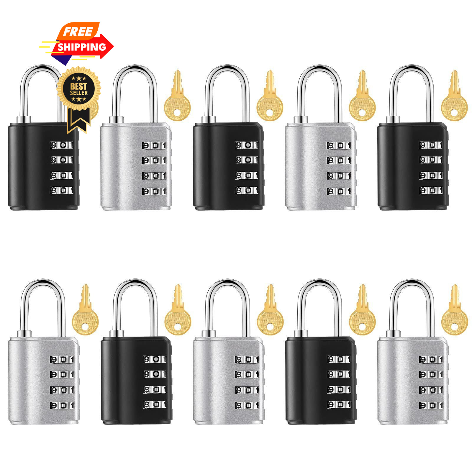 Kenning 10 Pcs Combination Padlock 4 Digit Lock Silver and Black