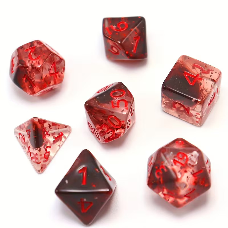 7 PC Dice Set Polyhedral Transparent Black & Red Transparent w Glitter + Bag +?