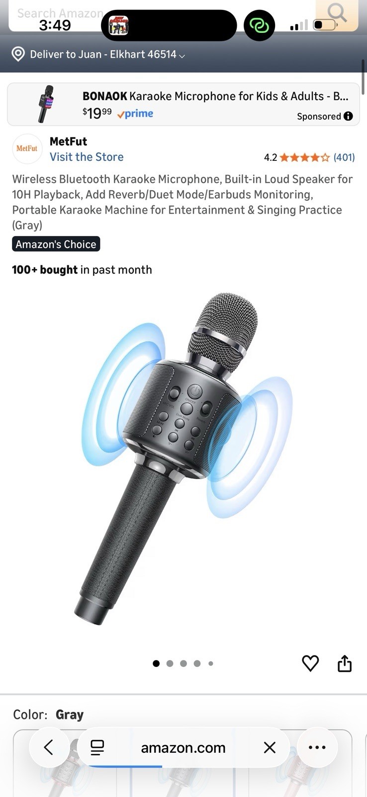 Wireless Bluetooth Karaoke Microphone 10H Playback Gray