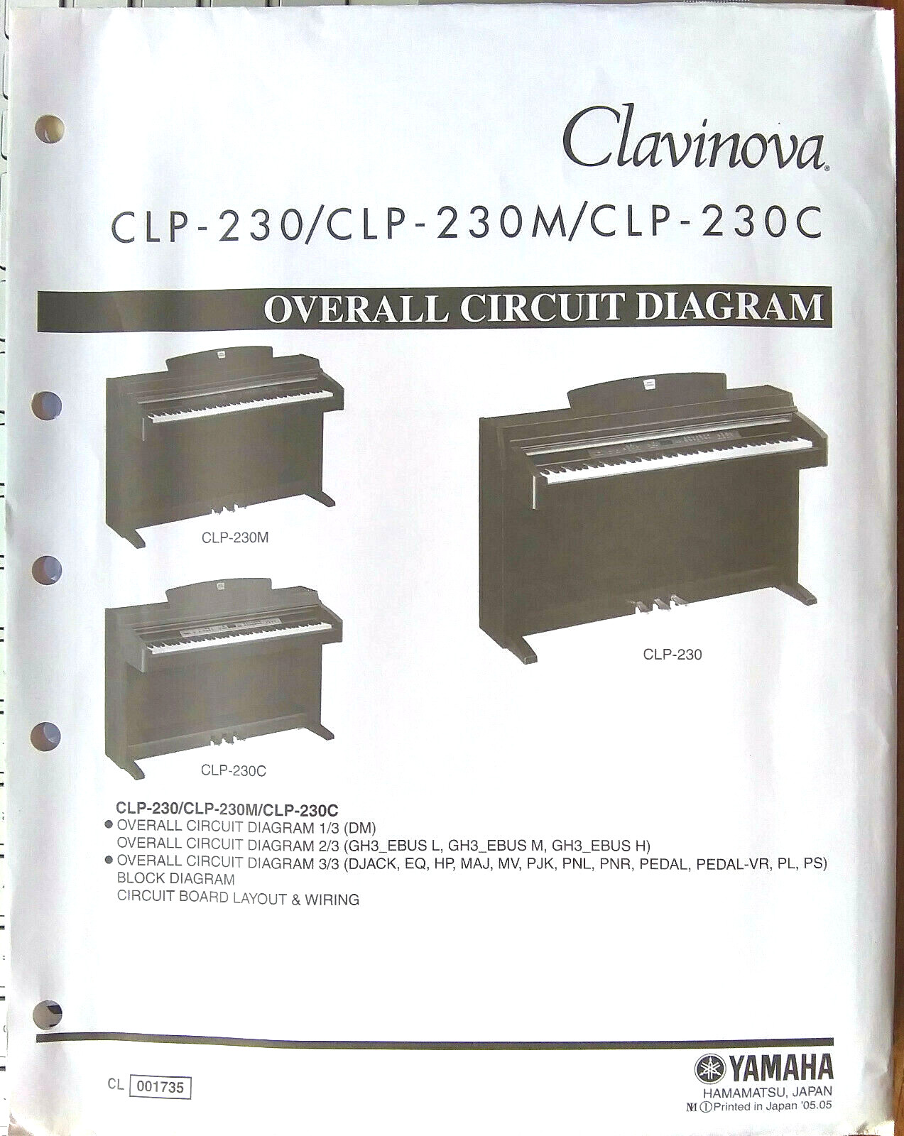 Yamaha CLP-230 230M 230C Digital Piano Original Overall Circuit Diagram Sheets.