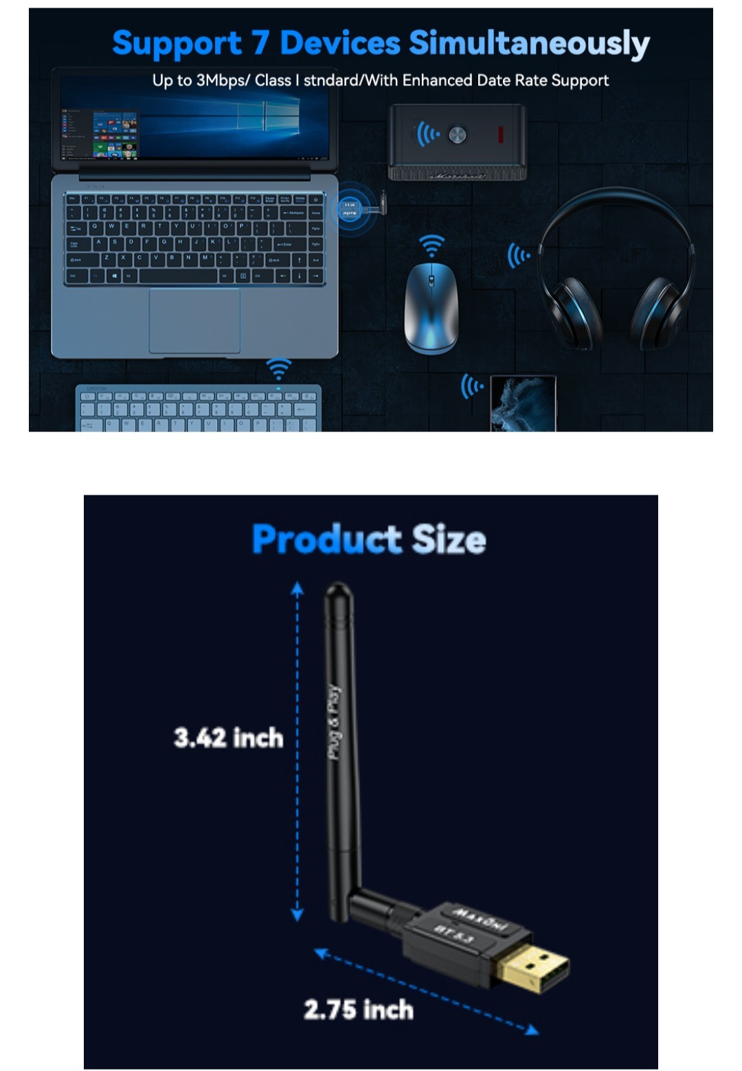 Bluetooth 5.3 USB Adapter - Long Range Receiver w/Adjustable Antenna