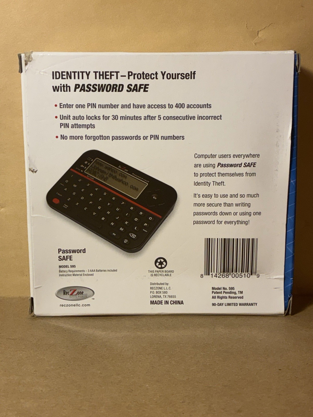 RecZone Password Safe Password Keeper / Organizer Model 595