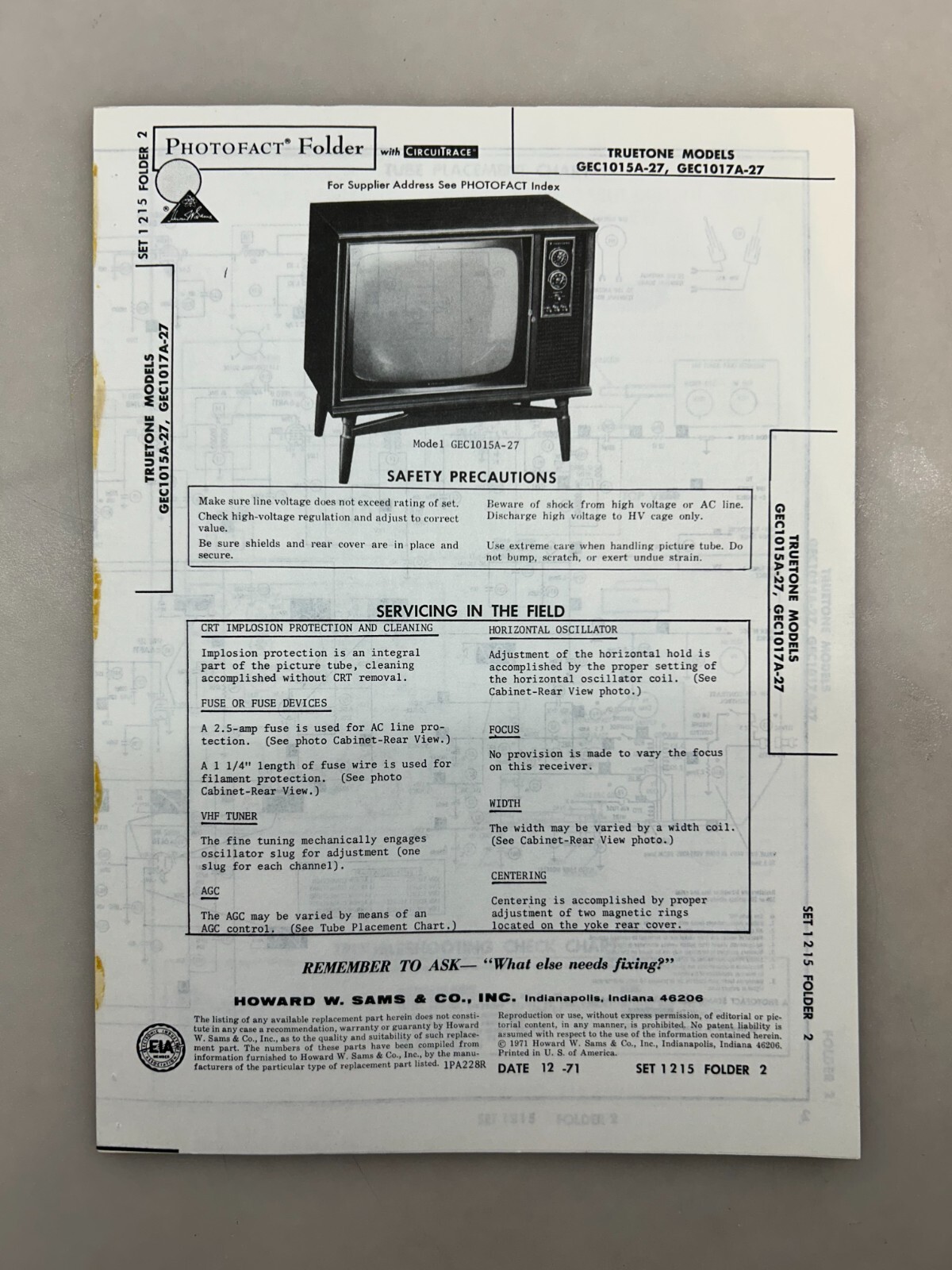 TrueTone GEC1015 GEC1017 Service Manual Sams Photofact Free Shipping