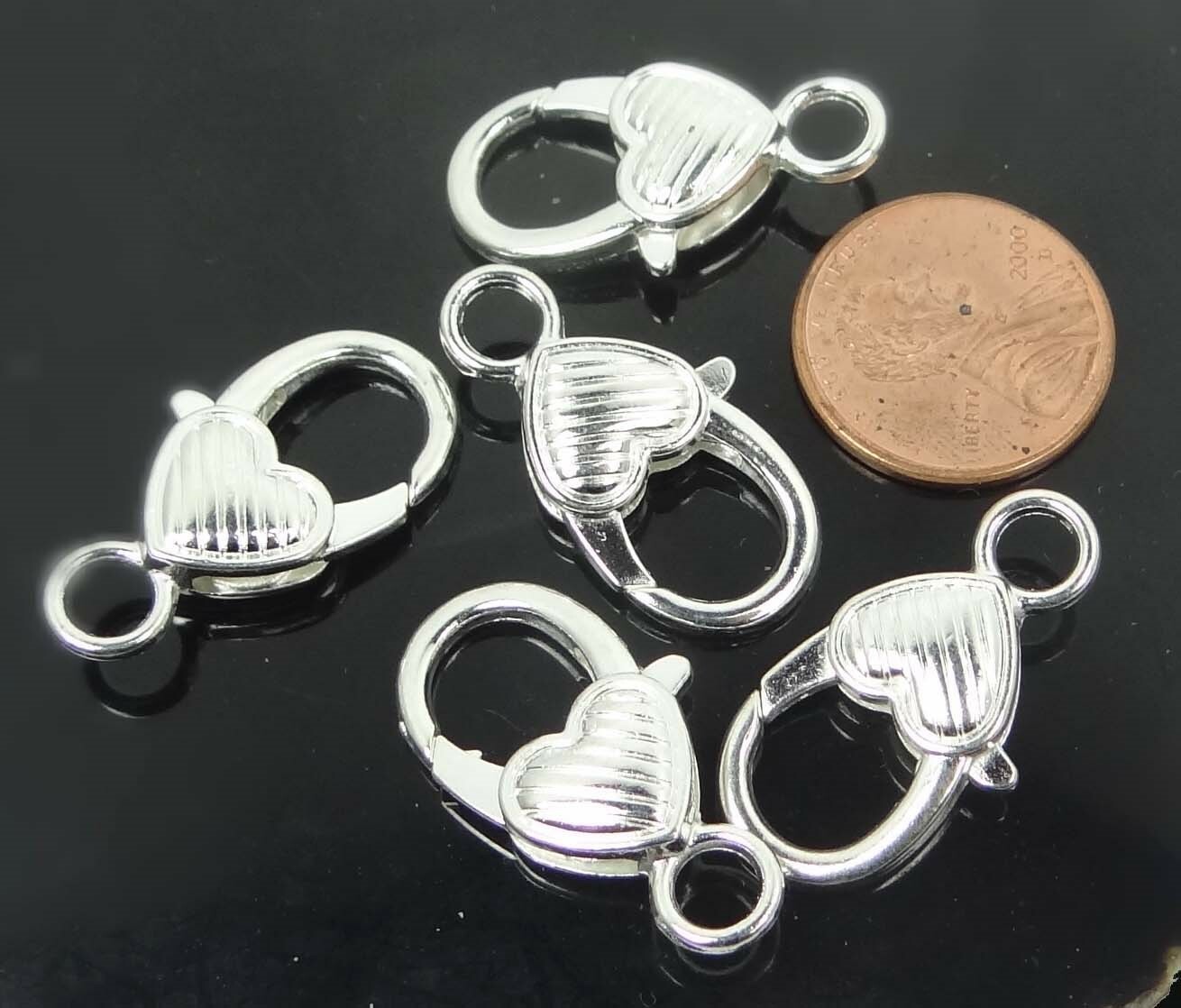 4 Large Silver Plated Pewter Striped Heart Lobster Claw Clasps 27x13mm