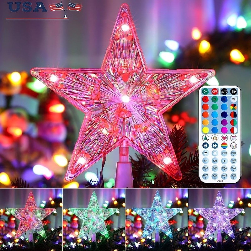 RGB Star Tree Topper Remote Control Christmas Decoration Indoor Outdoor Light US