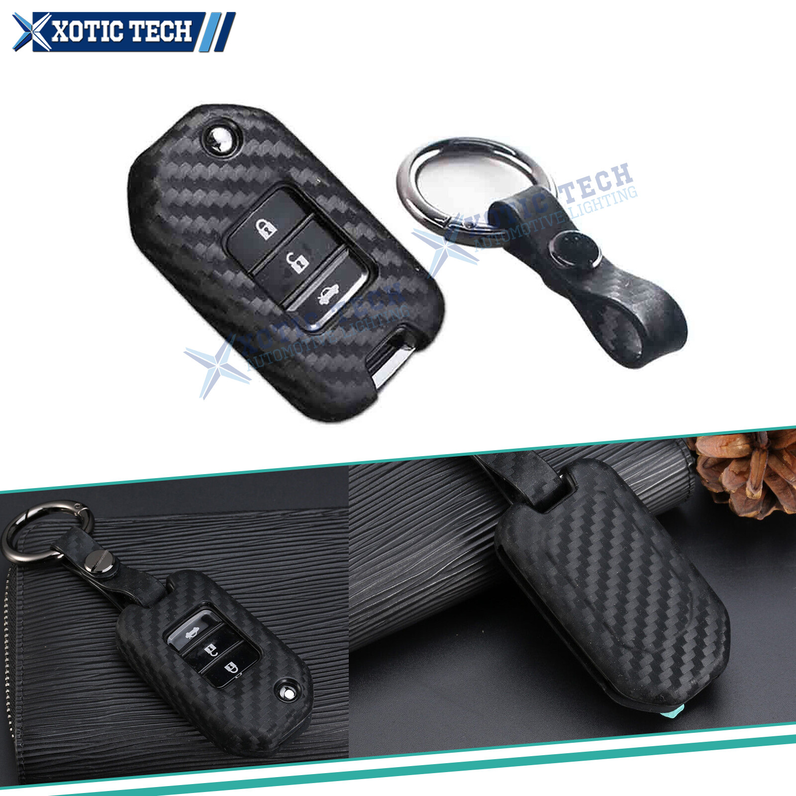Carbon Fiber Style Remote Key Fob Holder Cover Case For Honda Accord 2013-2019