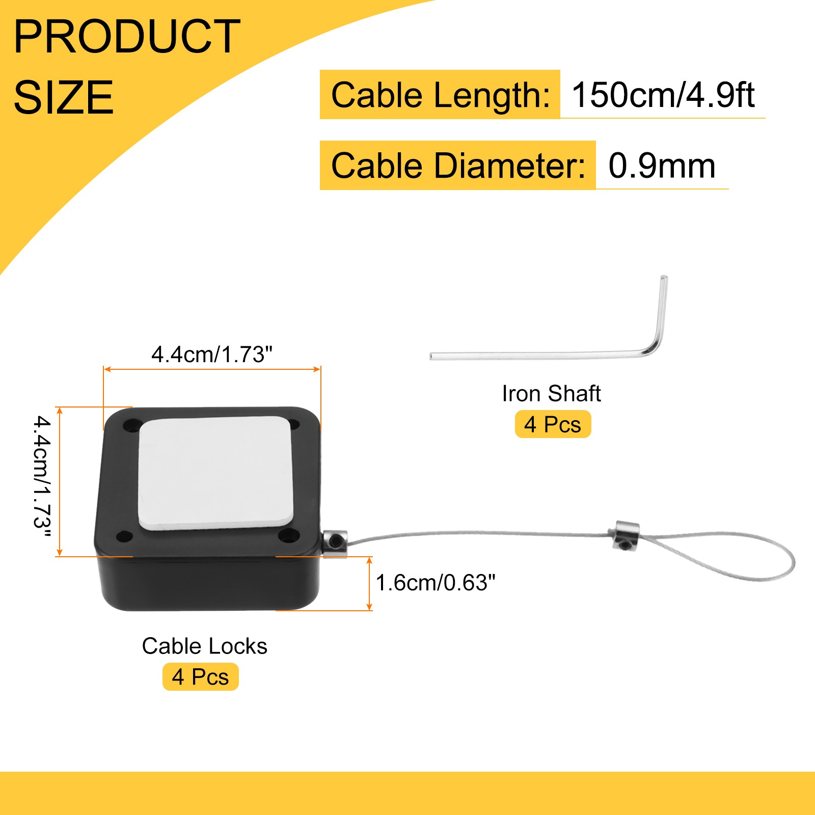4 Pcs Black 600g 4.9 Ft Retractable Cable Security Lock with Arc Patch