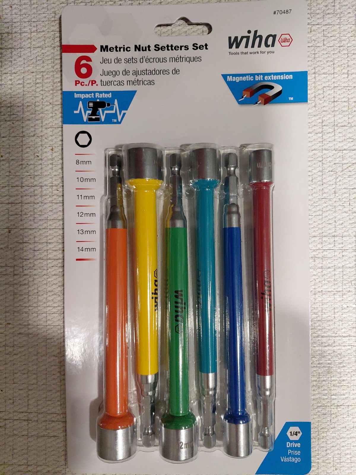 Wiha 70487 6-Piece Color Coded Magnetic Nut Setter, Metric Set, 6" OAL