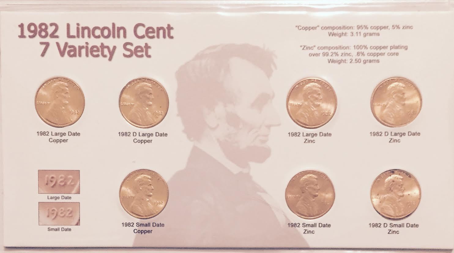 1982 LINCOLN CENT (ALL 7 VARIETIES) SET  NICE COLLECTOR SET IN DISPLAY CASE  #99