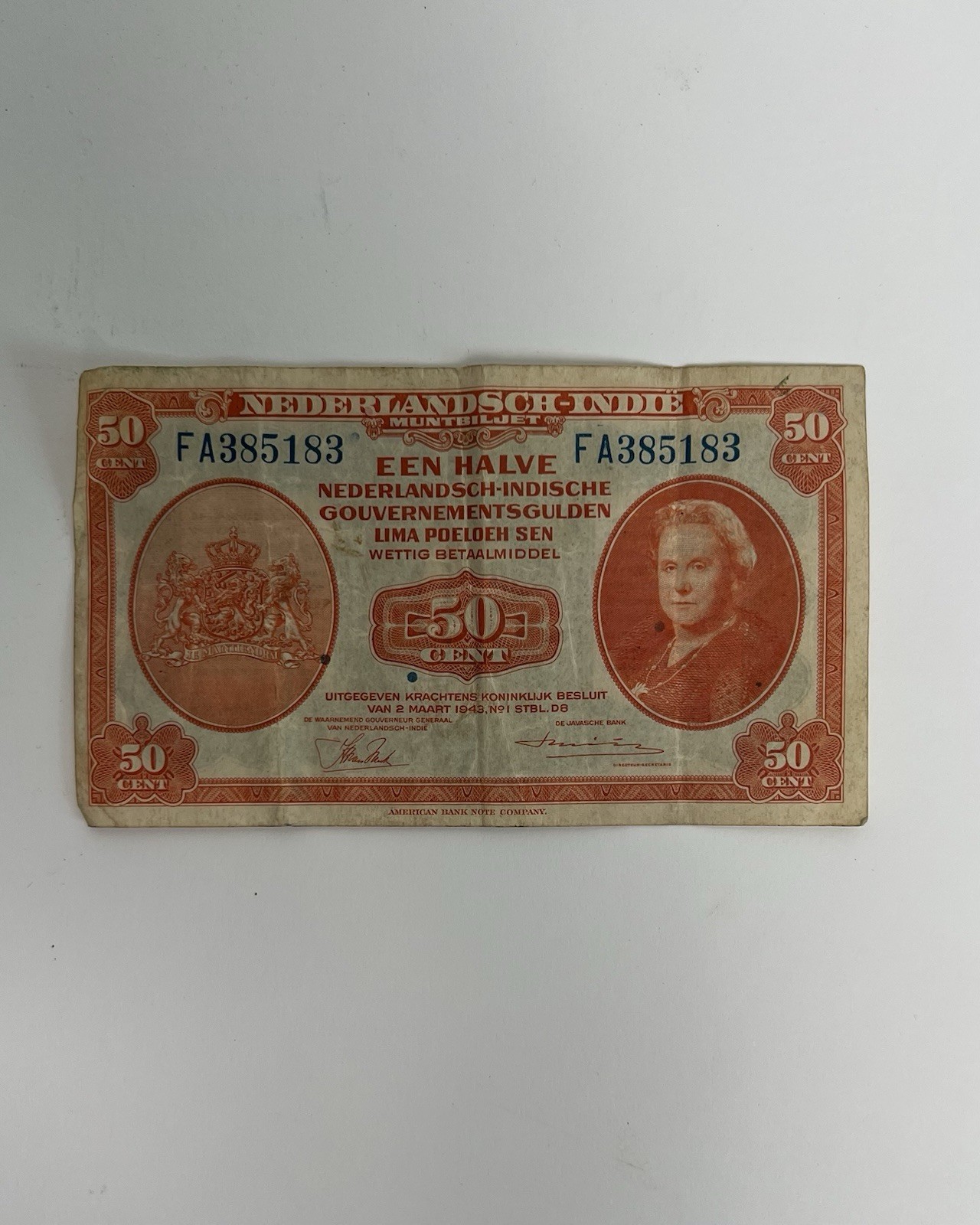 Rare 50 Cent Netherlands East Indies banknote from 1943