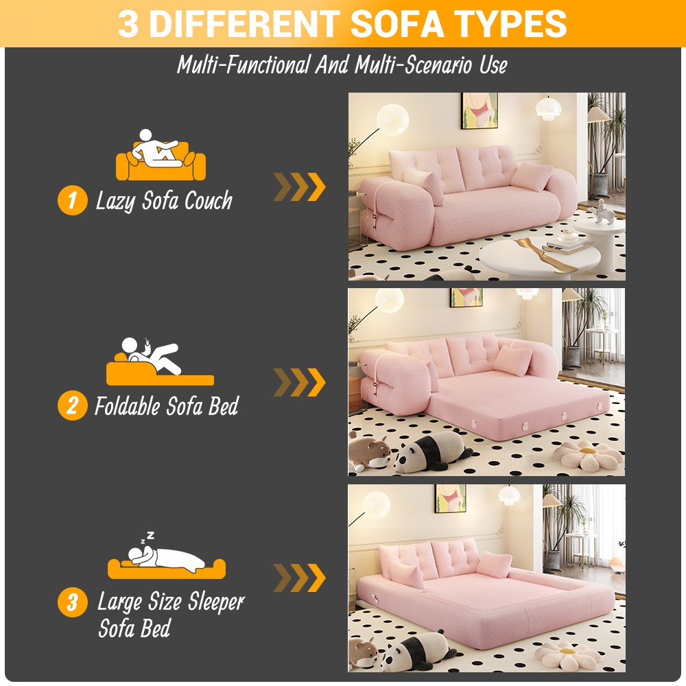 Pink 78.7" Foldable Sofa Bed, Teddy Fabric, Living Room Lounge Chair Guest Bed