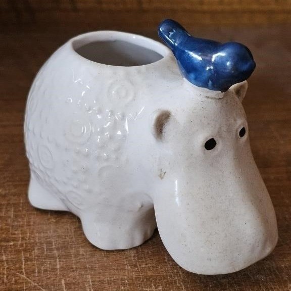 Enesco Imports Japan Ceramic Hippo Planter with Blue Bird
