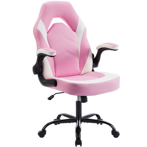 Gianna Ergonomic Gaming Chair, PU Leather, Flip-Up Arms, Pink/White