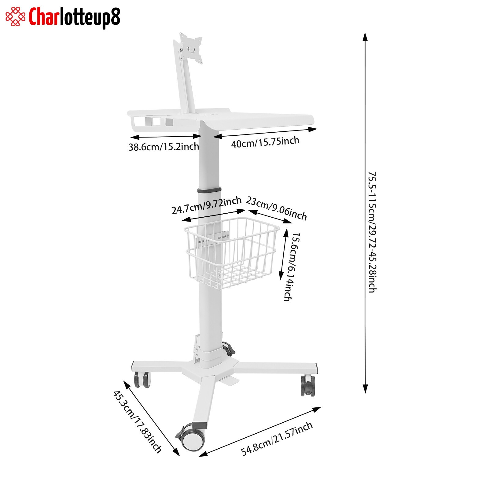 Rolling Medical Cart Height Adjustable Mobile Medical Tablet Cart White