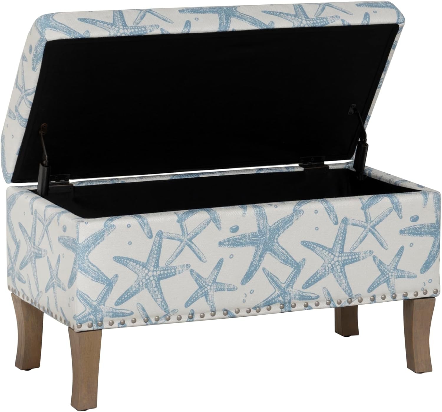 Stephanie Cream & Light Blue Starfish Fully Upholstered Bench W/ Hidden Interior