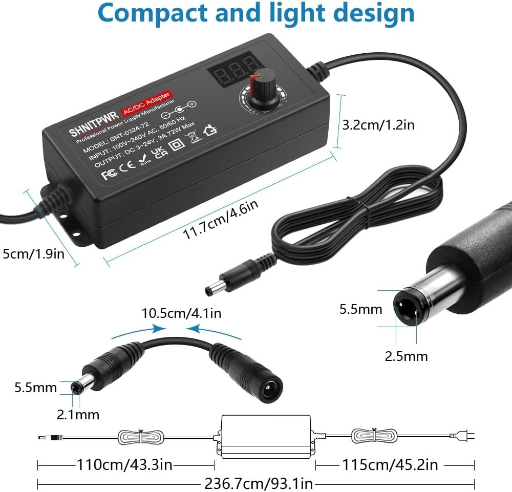 72W Universal AC/DC Adapter with Adjustable Voltage and Multiple Tips Included