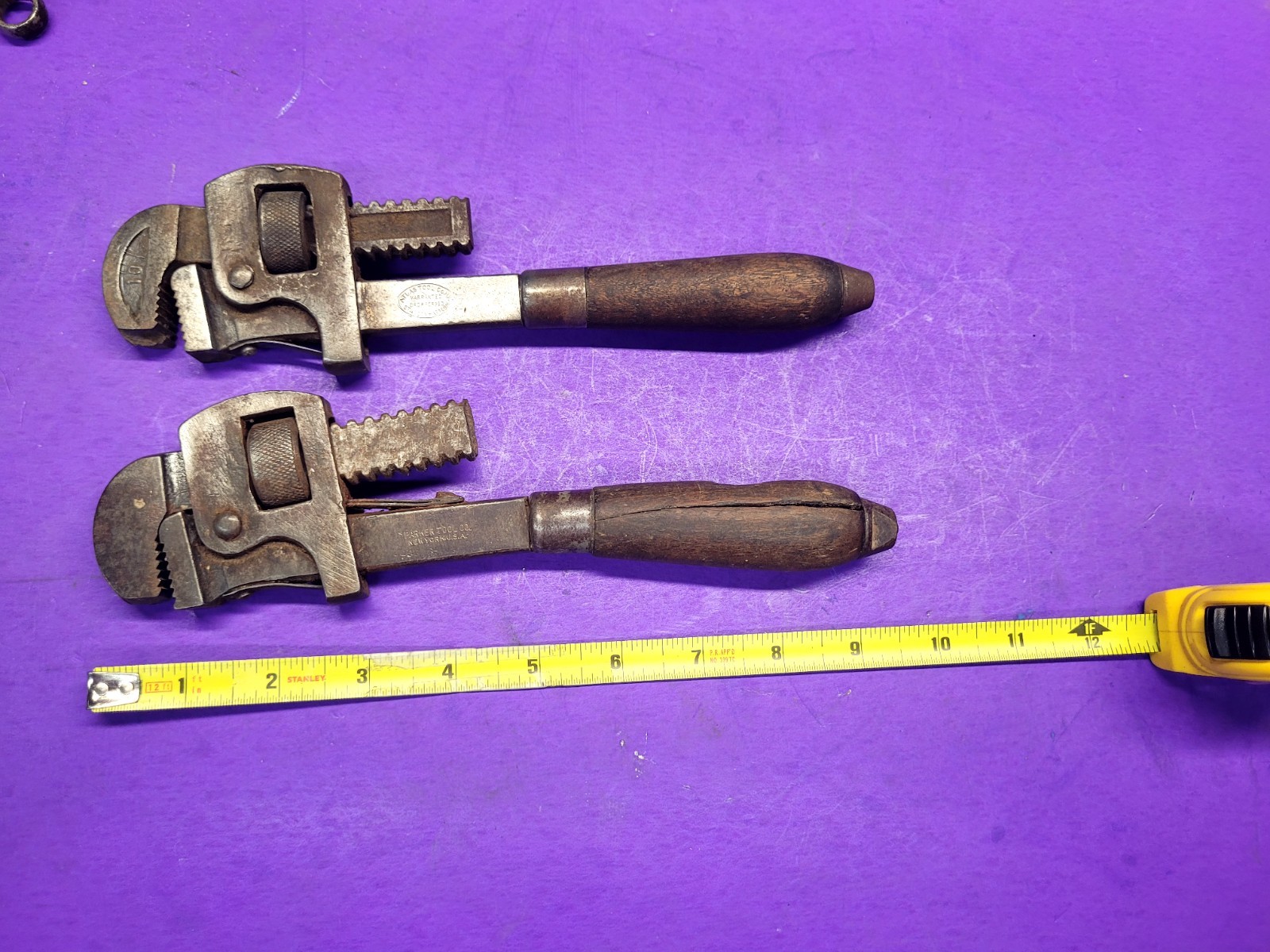 2 VINTAGE WOODEN HANDLE 10' PIPE WRENCHES ,ATLAS TOOL Co.  & PARKER TOOL CO.  NY