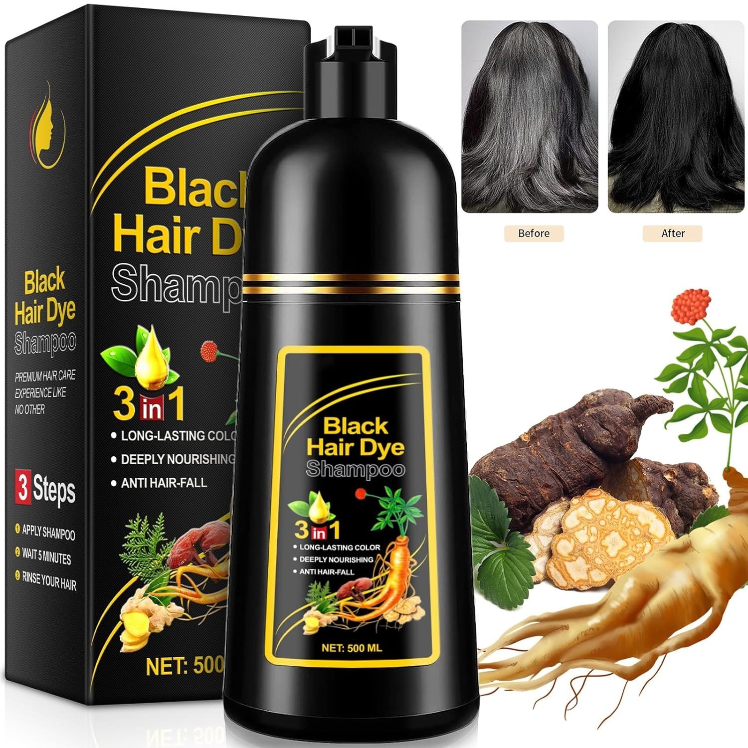 500 ml 3 en 1 Champú de Tinte para el Cabello para Mujeres y Hombres Negro