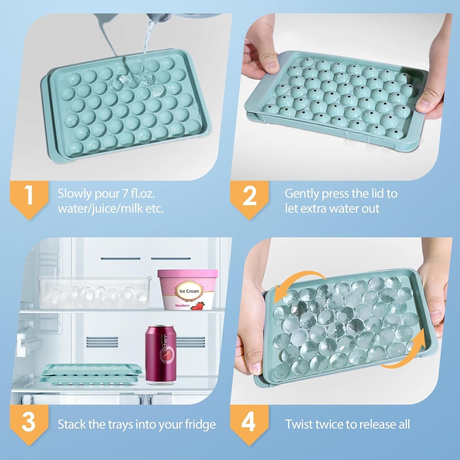 Compact 2-Pack Ice Cube Tray with Bin - Effortless Round Ice Maker in Blue